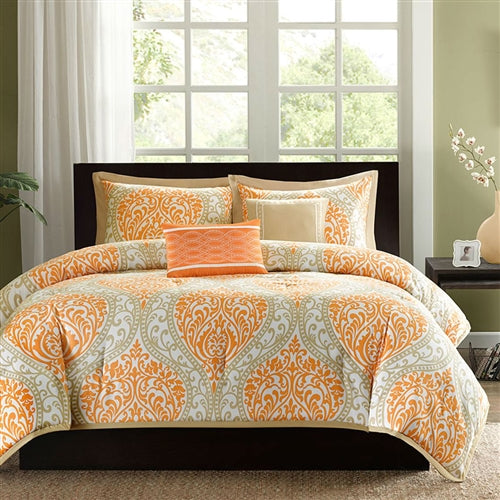 5-Piece Comforter Set in Orange Damask Print