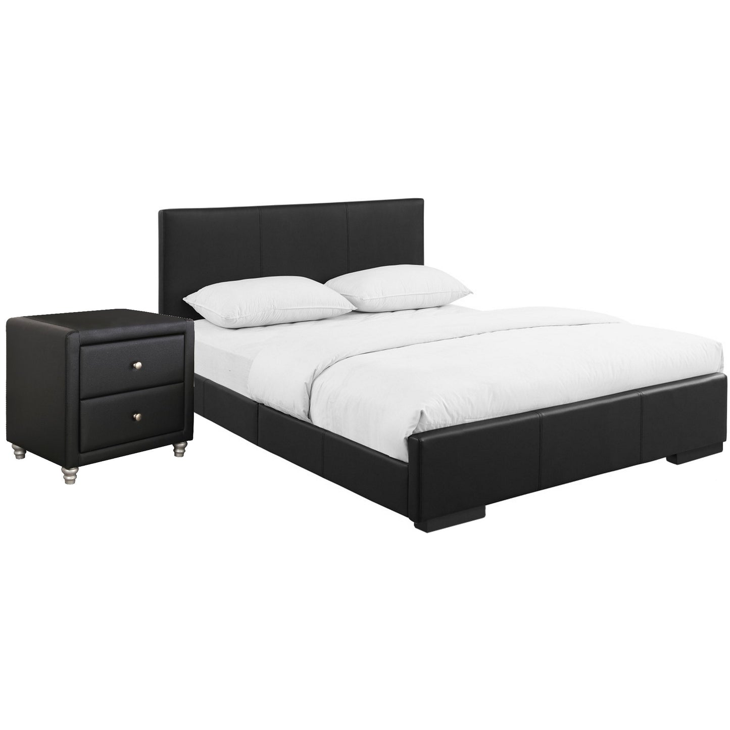 Black Upholstered Queen Platform Bed With Nightstand