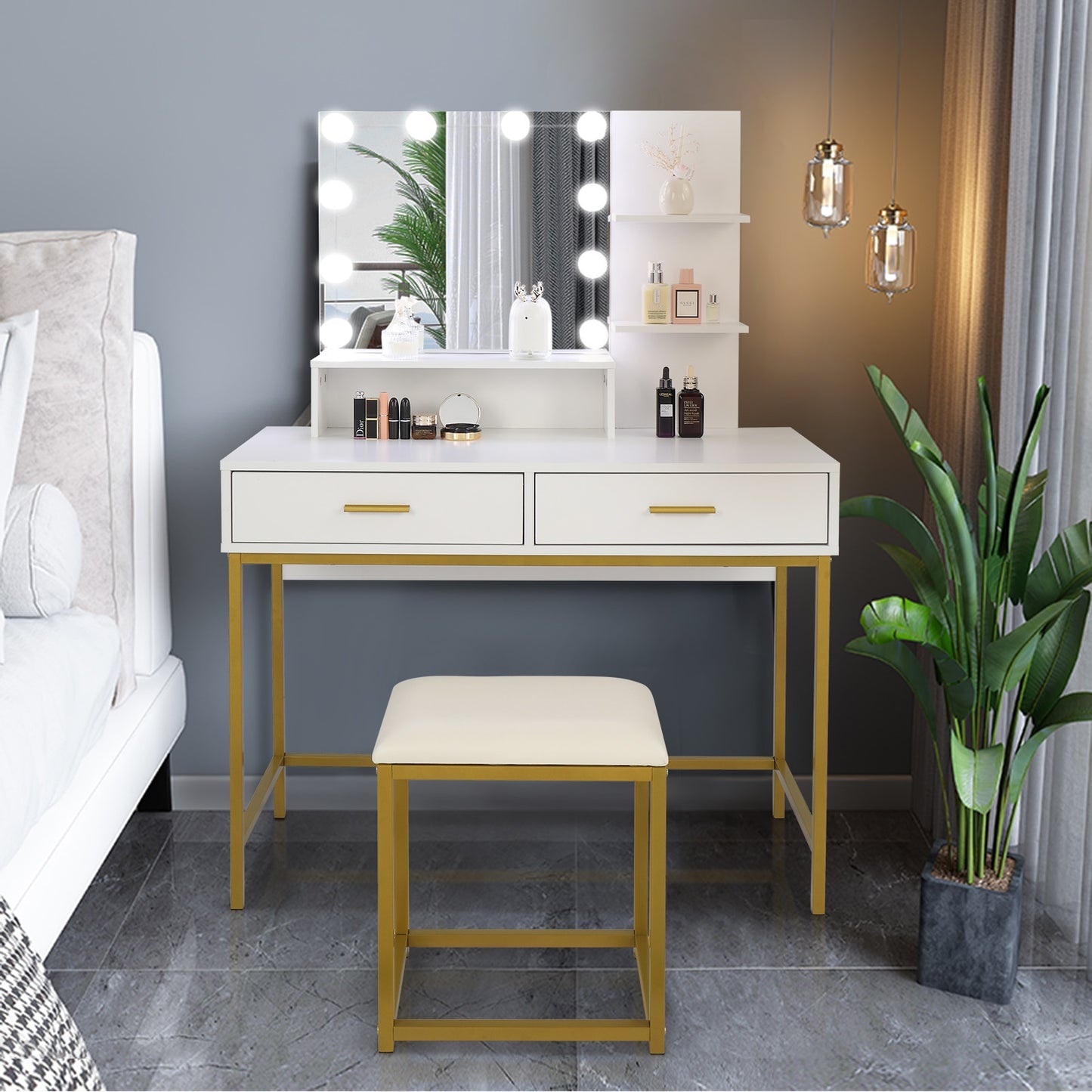 Glimmer Vanity™️- Large Vanity With Stool & Led Bulbs