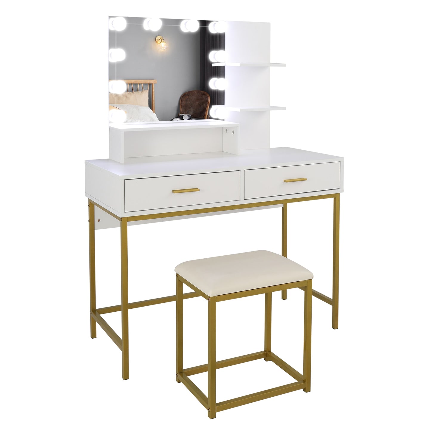 Glimmer Vanity™️- Large Vanity With Stool & Led Bulbs