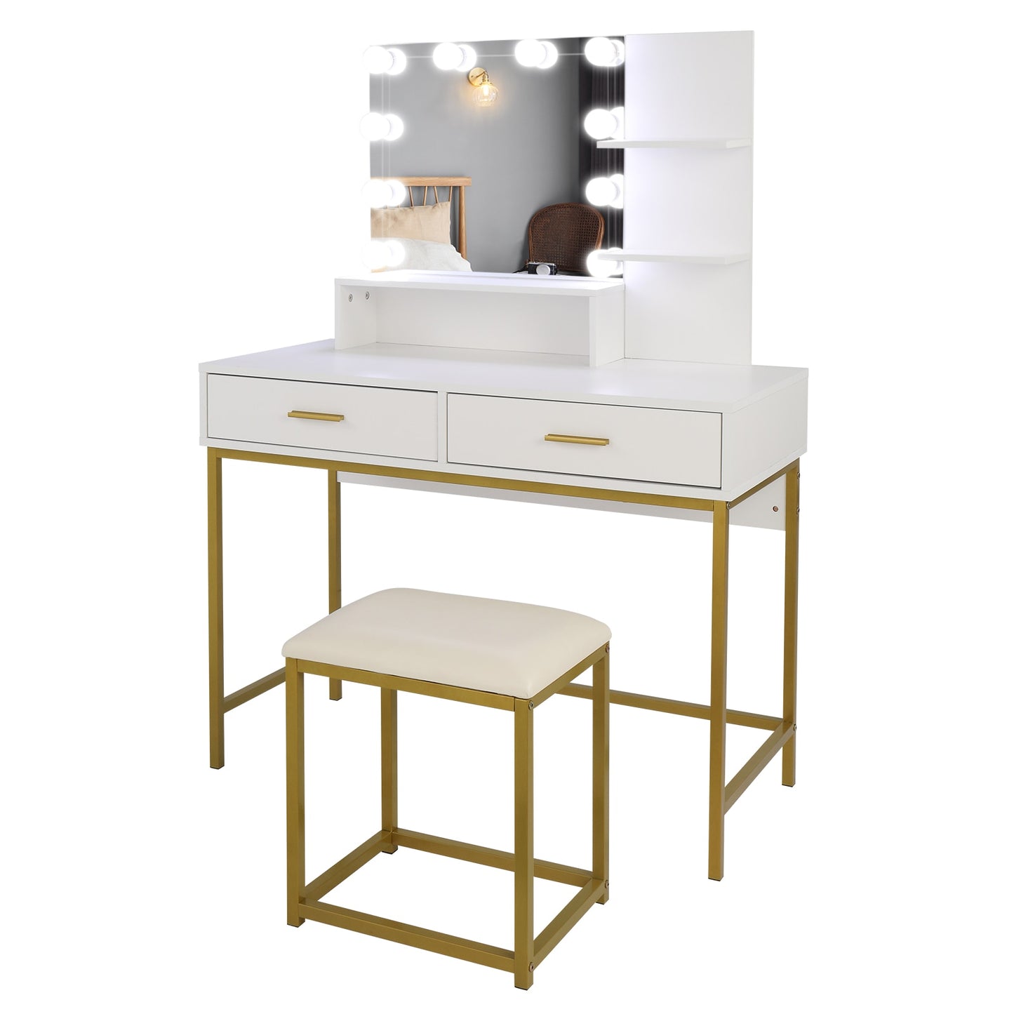 Glimmer Vanity™️- Large Vanity With Stool & Led Bulbs