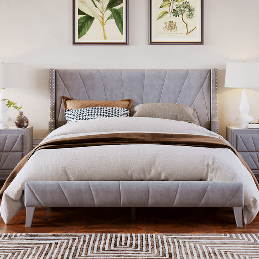 Contemporary Velvet Upholstered Bed - With Channel Tufting