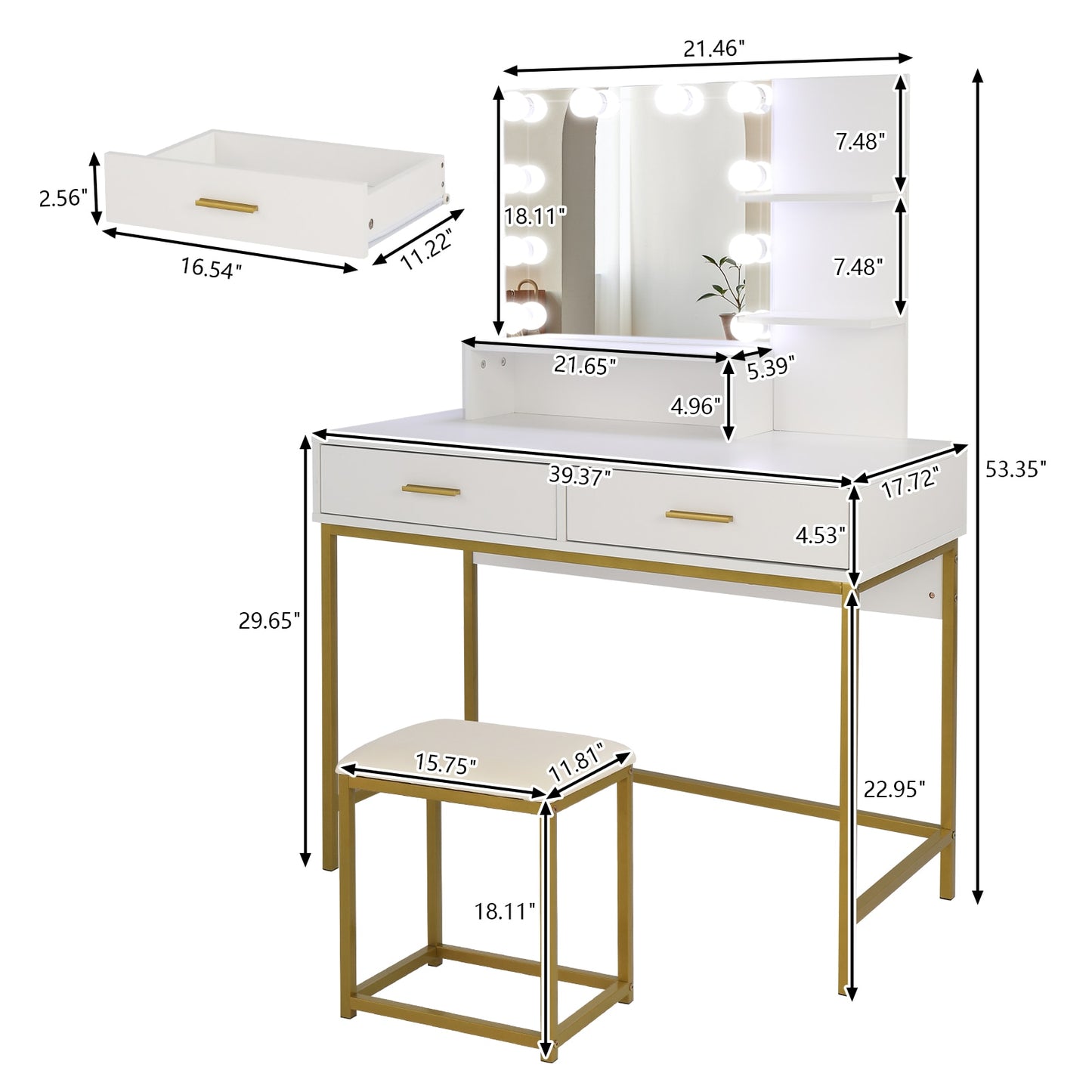 Glimmer Vanity™️- Large Vanity With Stool & Led Bulbs