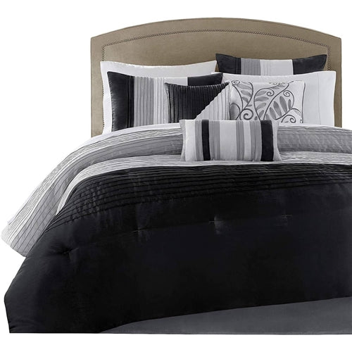 7 Piece Bed In A Bag Comforter Set Faux Silk Black Gray Stripes