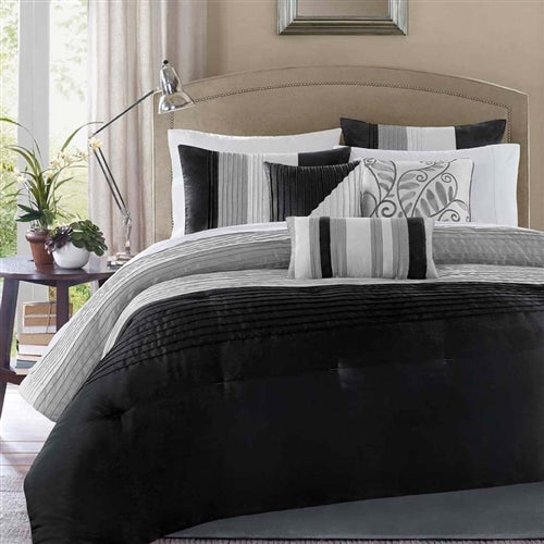 7 Piece Bed In A Bag Comforter Set Faux Silk Black Gray Stripes