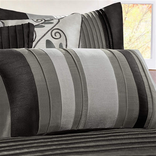 7 Piece Bed In A Bag Comforter Set Faux Silk Black Gray Stripes