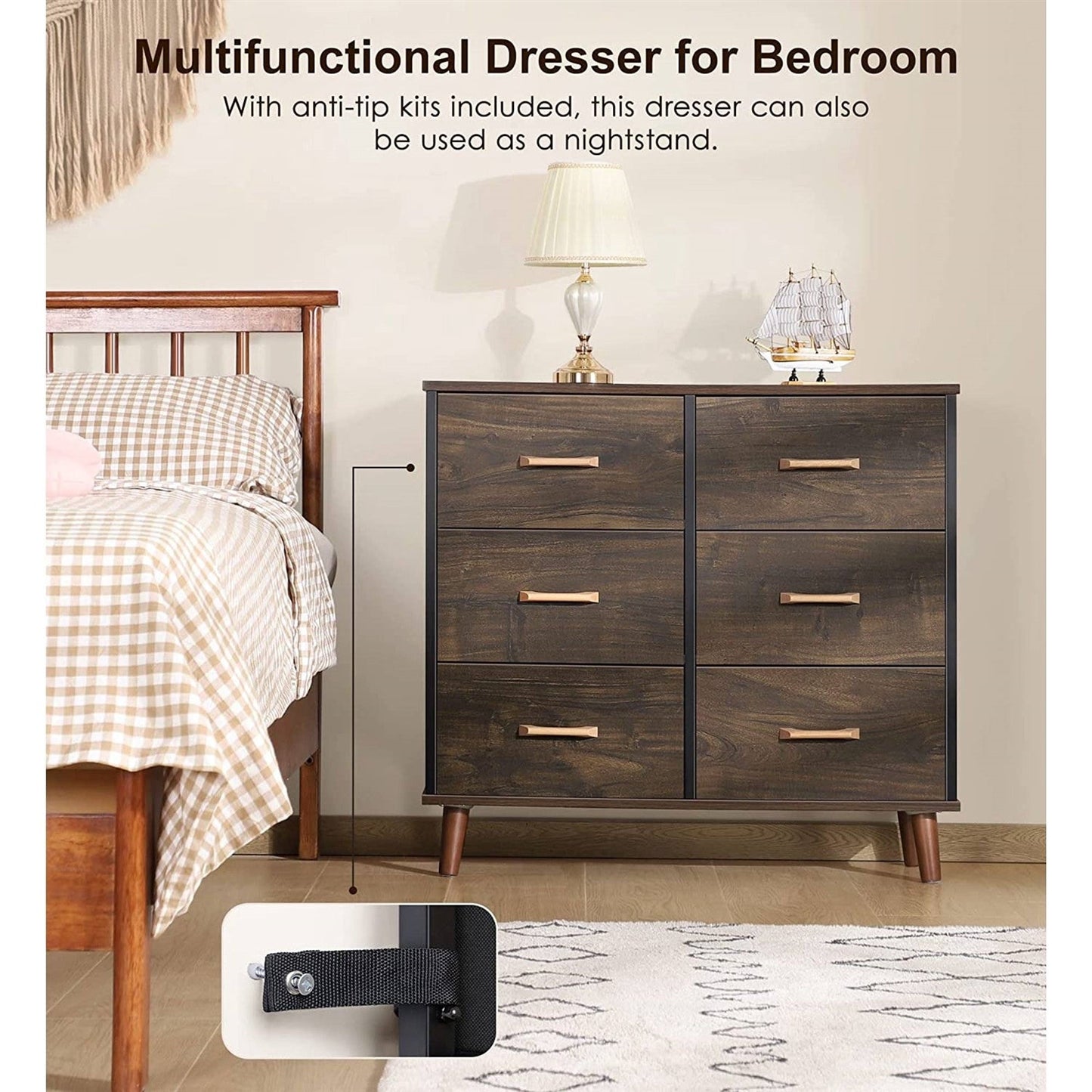 Modern Mid-Century Style 6-Drawer Bedroom Dresser with Fabric Drawers in Walnut