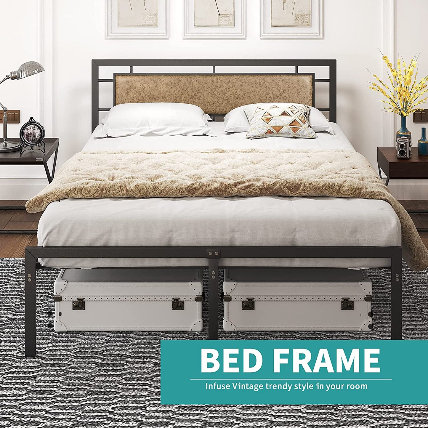 Bed Luxe™️-Vintage Queen Bed With Upholstered Headboard