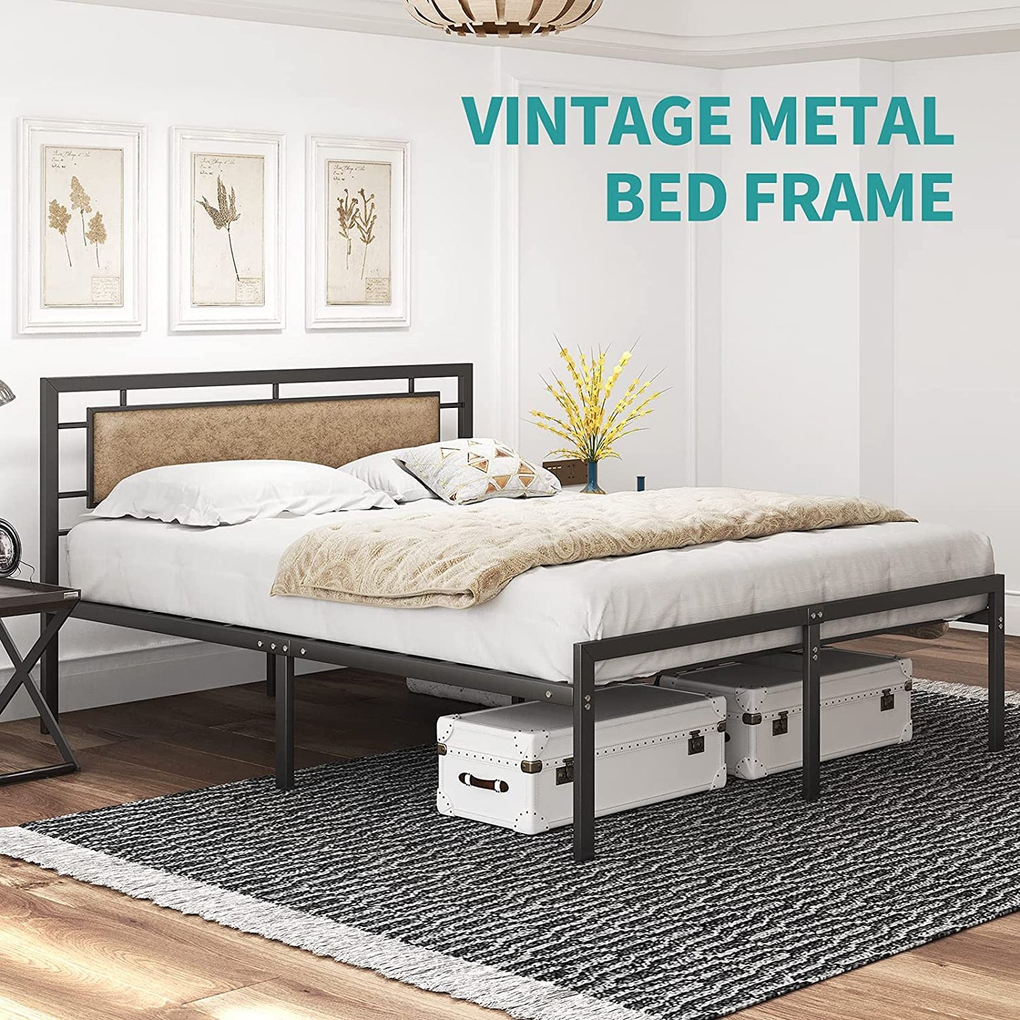 Bed Luxe™️-Vintage Queen Bed With Upholstered Headboard