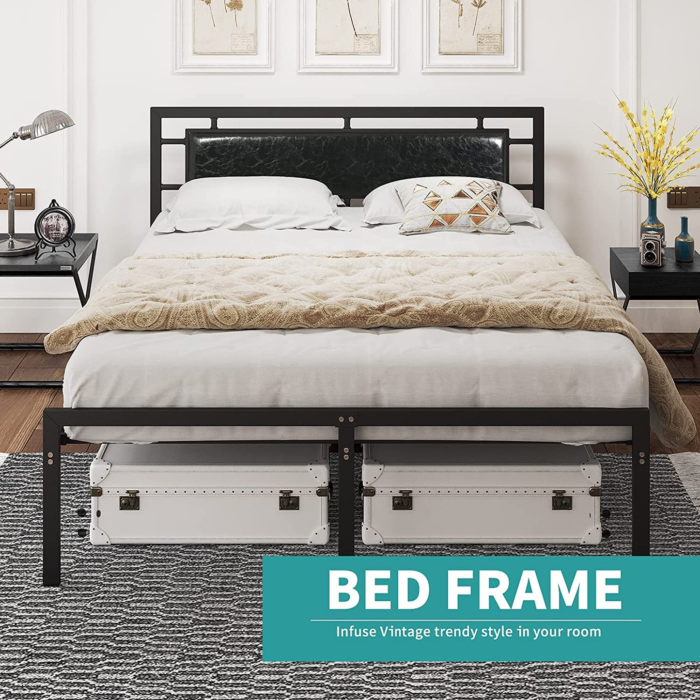 Bed Luxe™️-Vintage Queen Bed With Upholstered Headboard