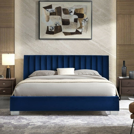 Navy Blue Flannel Tufted Upholstered Platform Bed in Queen Size