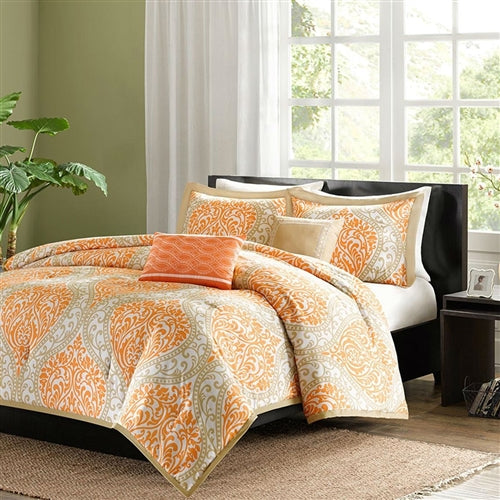 5-Piece Comforter Set in Orange Damask Print