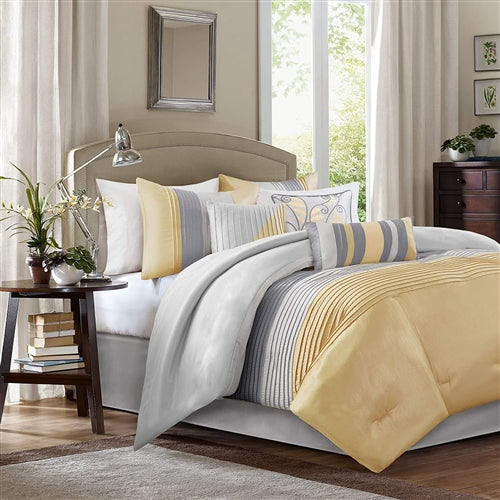 7 Piece Bed In A Bag Comforter Set Faux Silk Yellow Gray Stripes