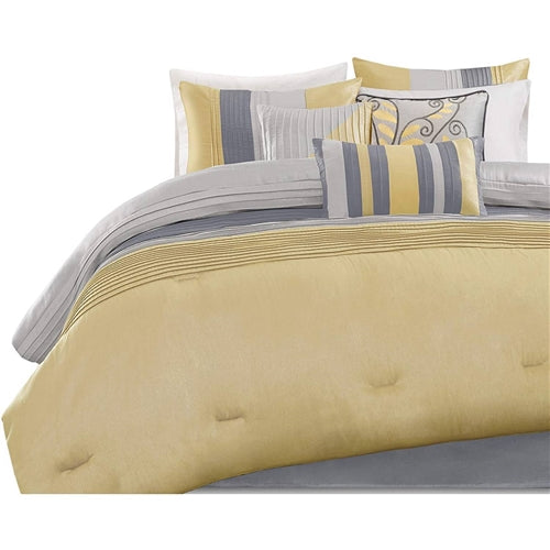 7 Piece Bed In A Bag Comforter Set Faux Silk Yellow Gray Stripes