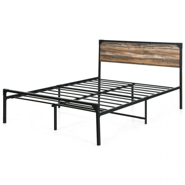 Rustic Farm Home Metal Wood Platform Bed Frame in Queen Size