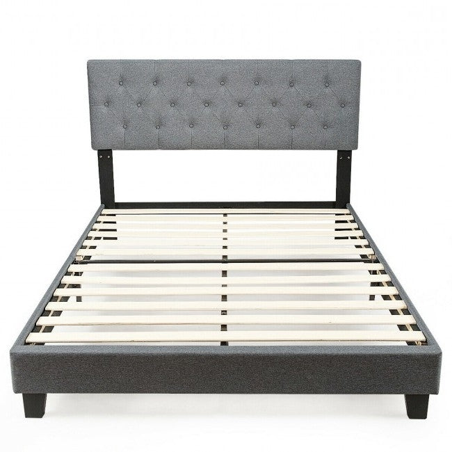 Queen Size Grey Linen Upholstered Platform Bed