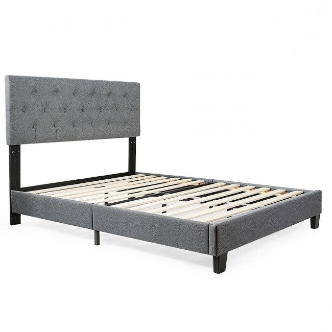 Queen Size Grey Linen Upholstered Platform Bed