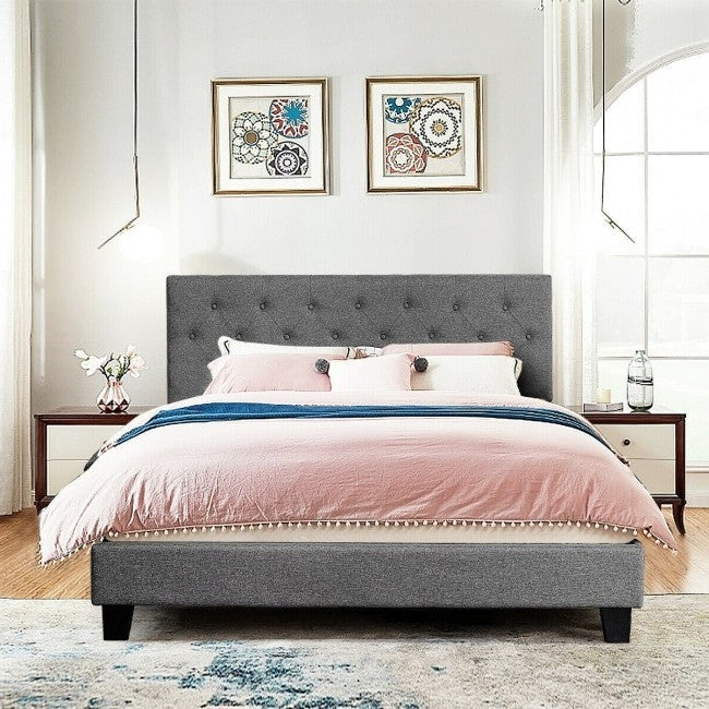 Queen Size Grey Linen Upholstered Platform Bed