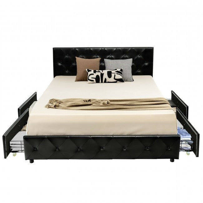 Queen Size Black PU Leather Button Tufted Platform Bed with 4 Storage Drawers