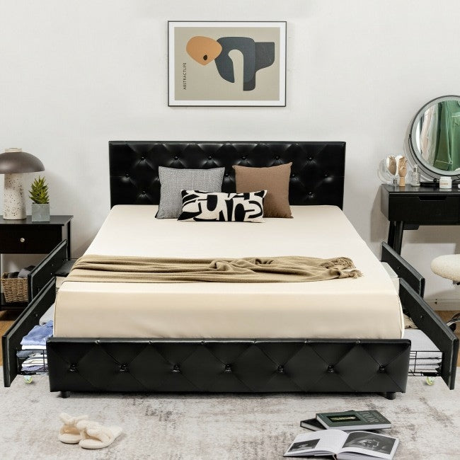 Queen Size Black PU Leather Button Tufted Platform Bed with 4 Storage Drawers