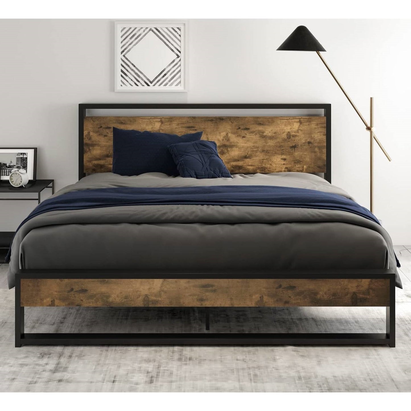 Queen size Metal Wood Platform Bed Frame with Industrial Headboard