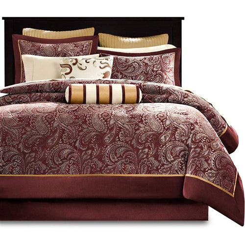 12 Piece Cotton Polyester Comforter Set Red Gold Paisley