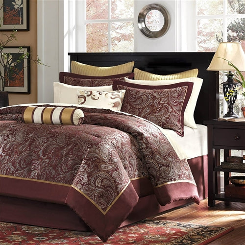 12 Piece Cotton Polyester Comforter Set Red Gold Paisley