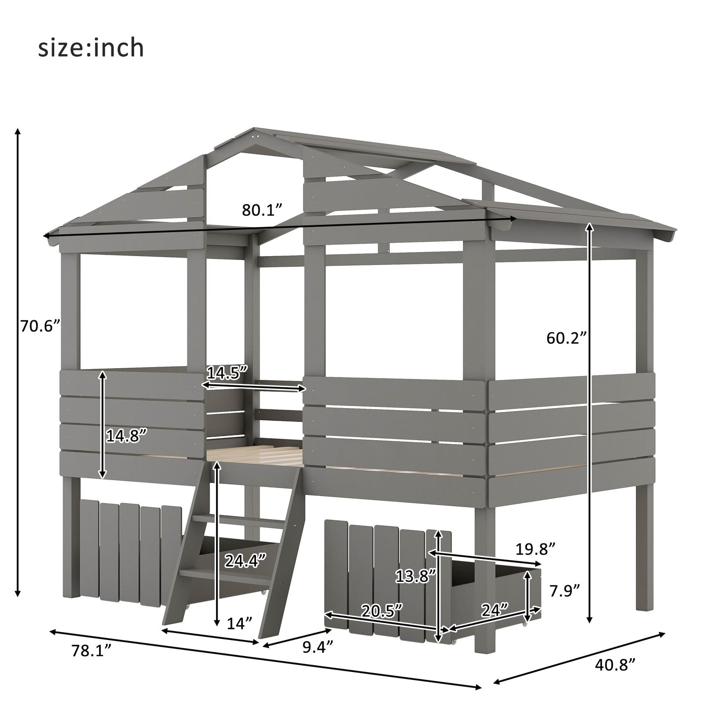 Twin Size Loft Bed With Two Drawers,Windows and Roof Design