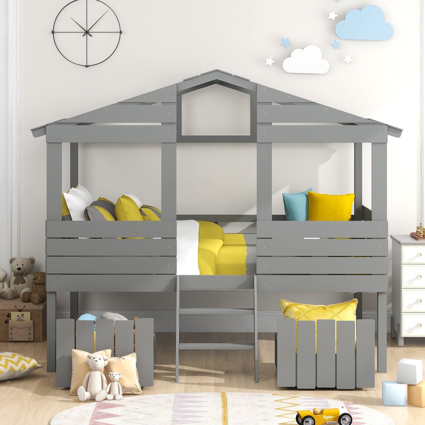 Twin Size Loft Bed With Two Drawers,Windows and Roof Design