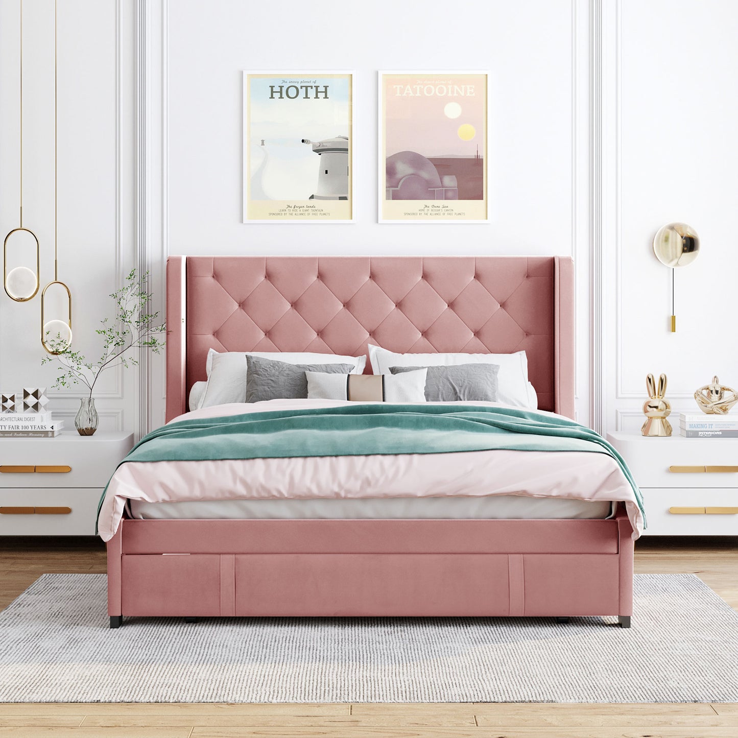 Velvet Upholstered Platform Bed With Storage