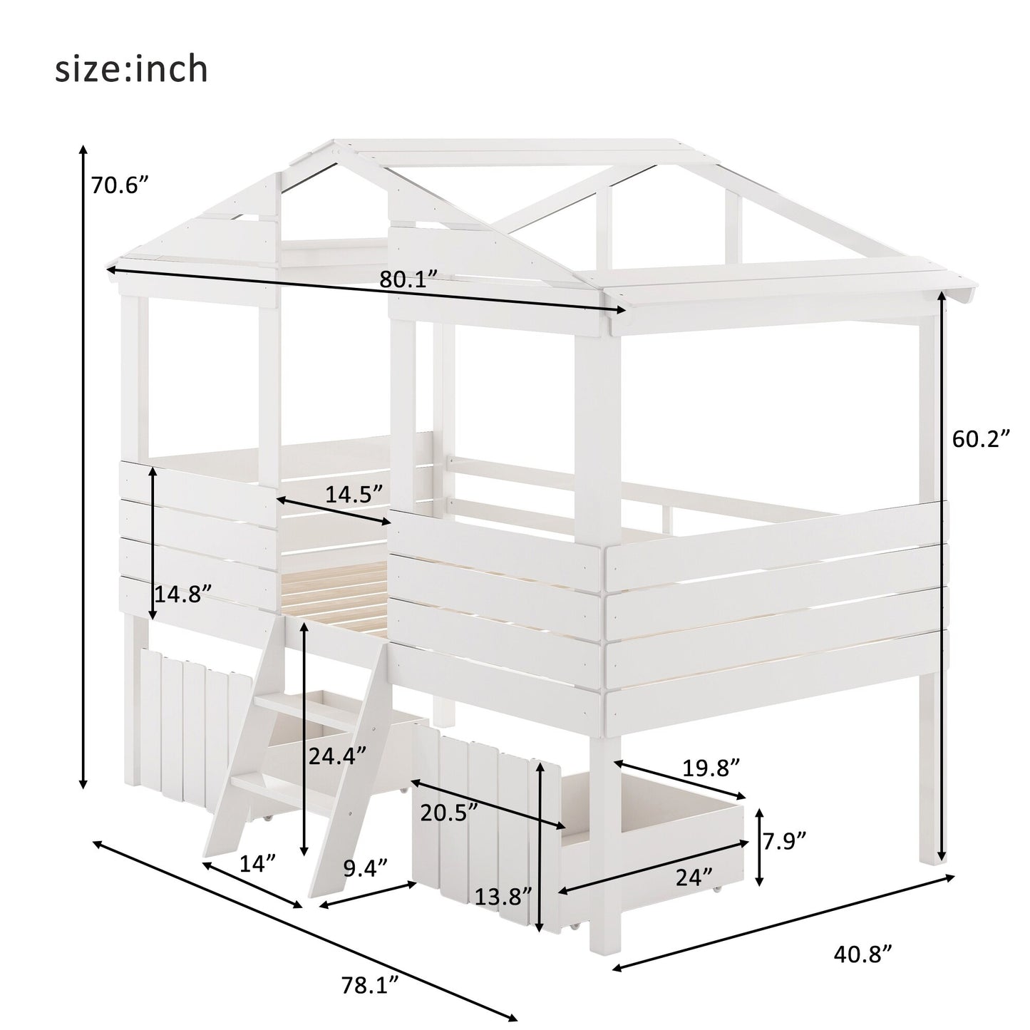 Twin Size Loft Bed with Two Drawers,Windows and Roof Design