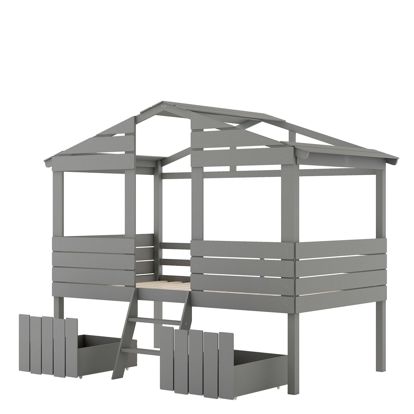 Twin Size Loft Bed With Two Drawers,Windows and Roof Design