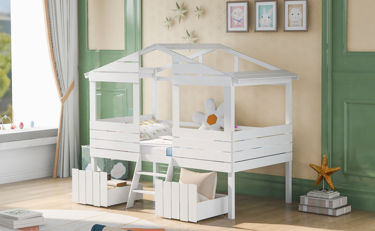 Twin Size Loft Bed with Two Drawers,Windows and Roof Design