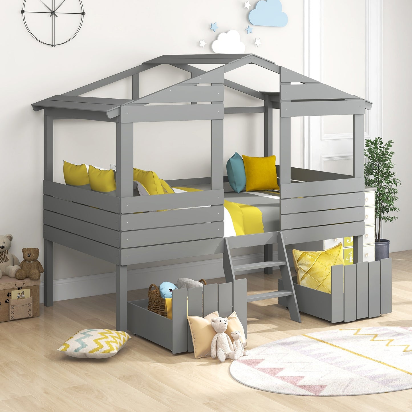 Twin Size Loft Bed With Two Drawers,Windows and Roof Design