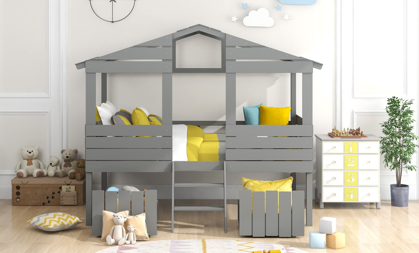 Twin Size Loft Bed With Two Drawers,Windows and Roof Design