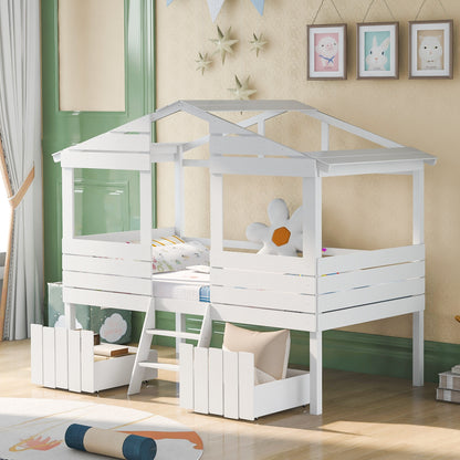 Twin Size Loft Bed with Two Drawers,Windows and Roof Design