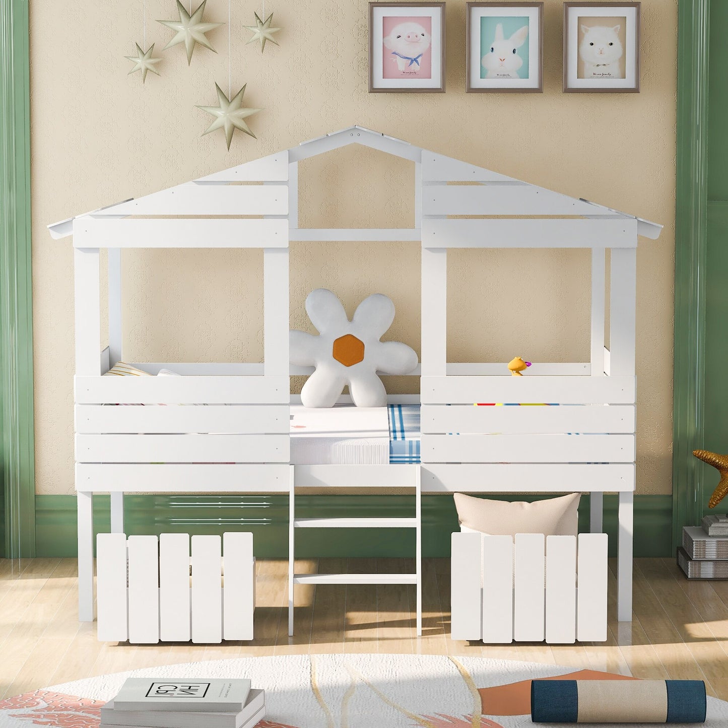 Twin Size Loft Bed with Two Drawers,Windows and Roof Design